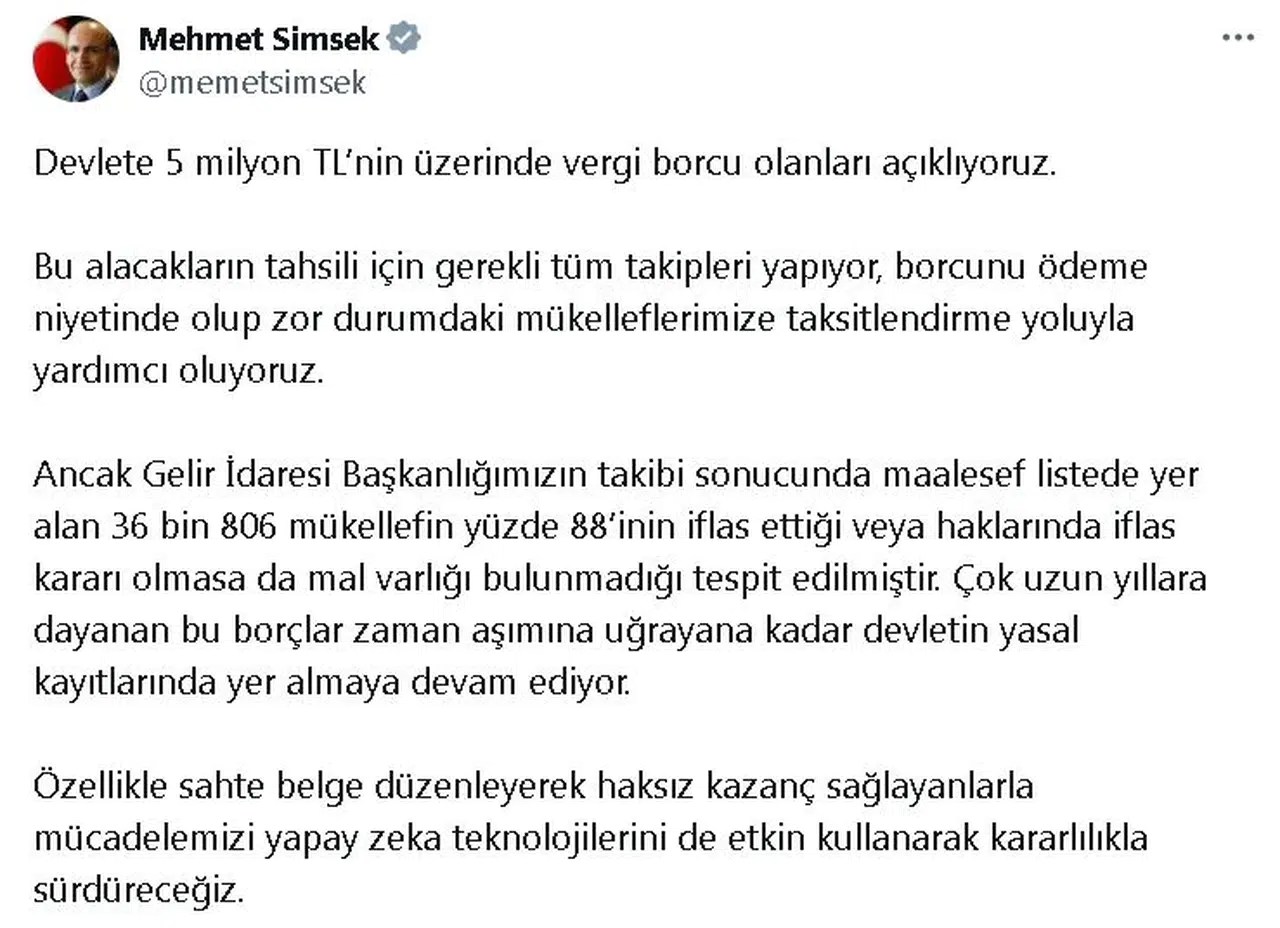 Bakan Şimşek: Devlete 5 milyon TL'nin üzerinde vergi borcu olanları açıklıyoruz