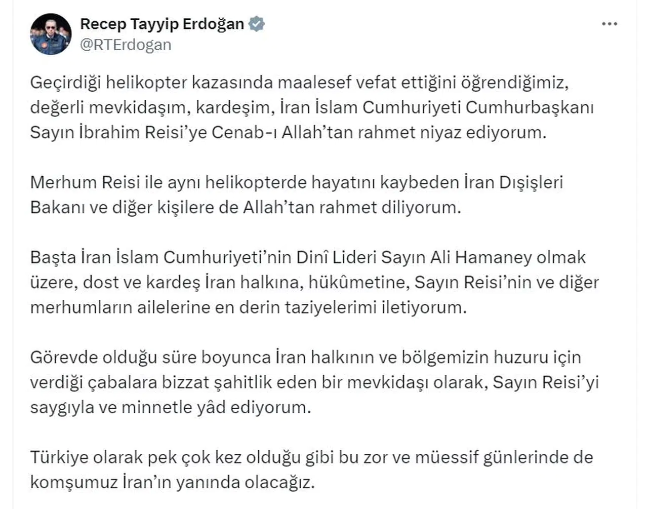 Cumhurbaşkanı Erdoğan'dan İran'a taziye mesajı