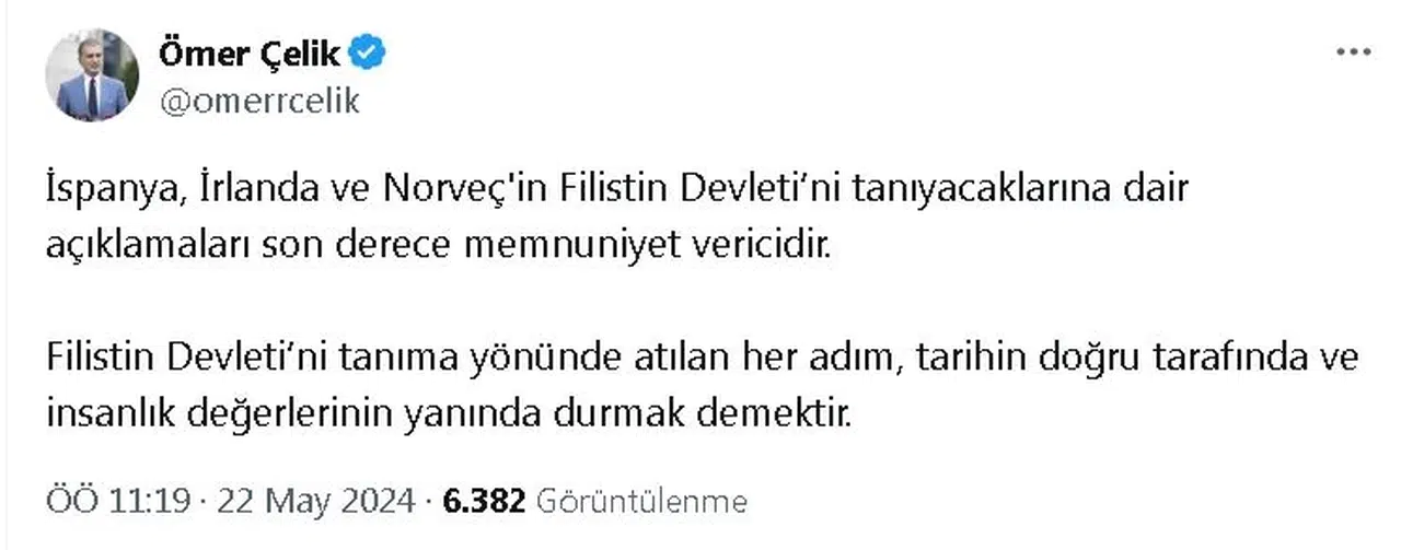 AK Parti'li Çelik: 3 ülkenin Filistin'i tanıma kararı son derece memnuniyet verici