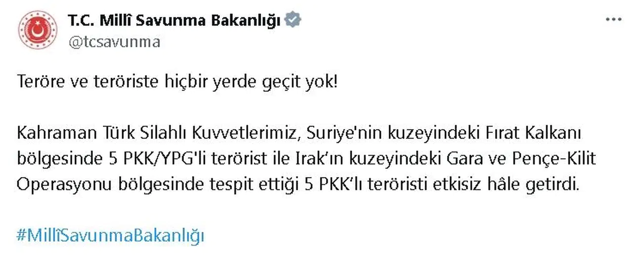 MSB: Suriye ve Irak'ın kuzeyinde 10 terörist etkisiz hale getirildi