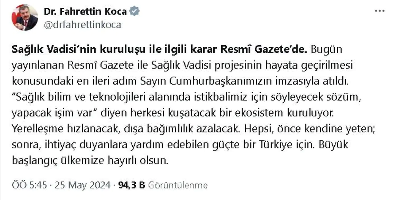Türkiye Sağlık Vadisi'nin kuruluşu ile ilgili genelge, Resmi Gazete'de