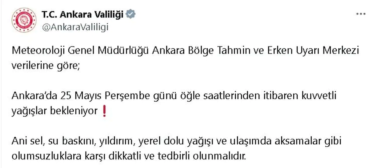 Ankara Valiliği'nden kuvvetli yağış uyarısı