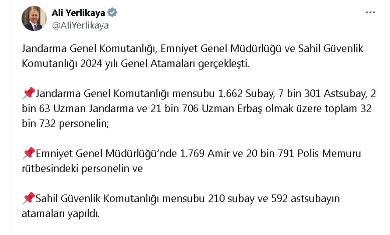 Jandarma, Emniyet ve Sahil Güvenlik 2024 yılı atamaları gerçekleştirildi