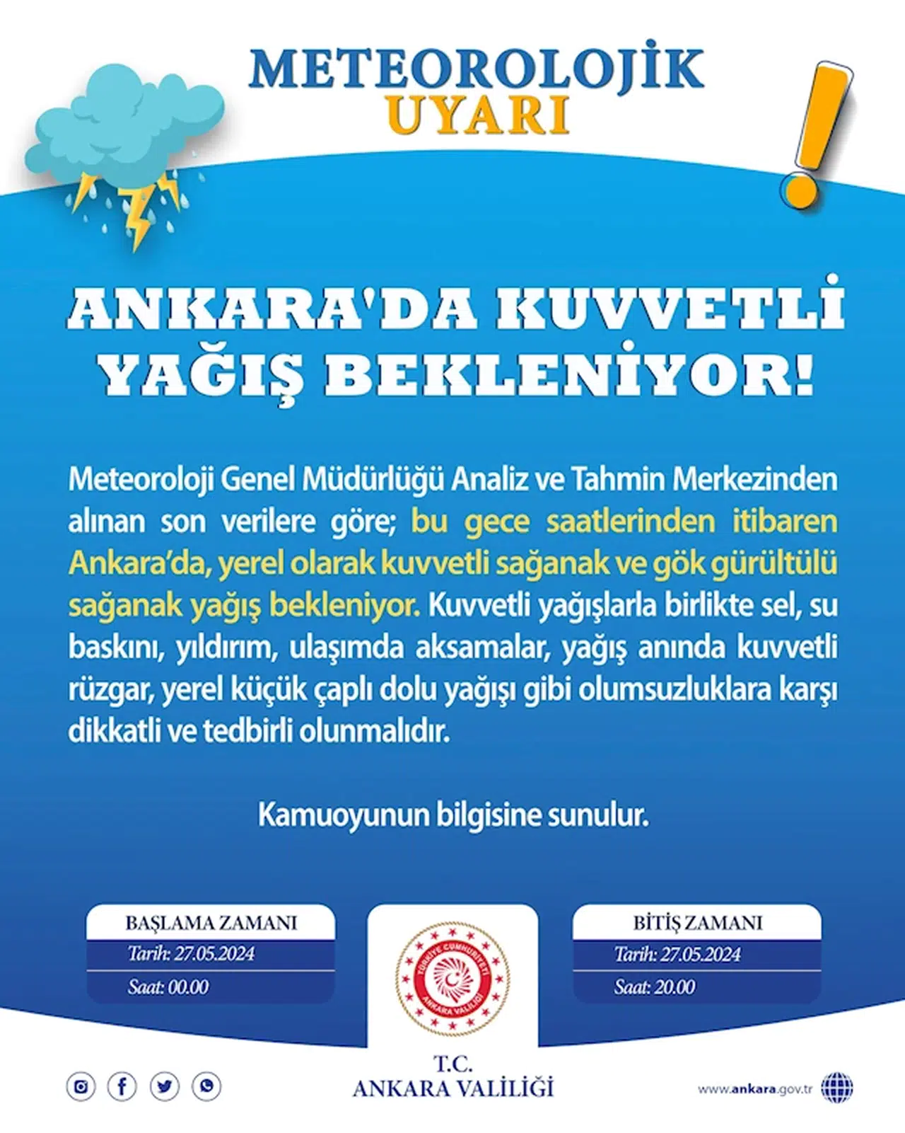 Ankara Valiliği'nden 'kuvvetli sağanak' uyarısı