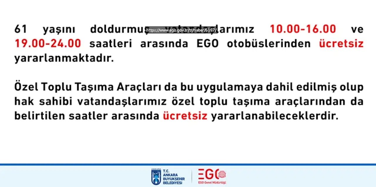 Ankara'da 61 yaş üstü vatandaşlar için ücretsiz toplu taşıma desteği kapsamı genişletildi