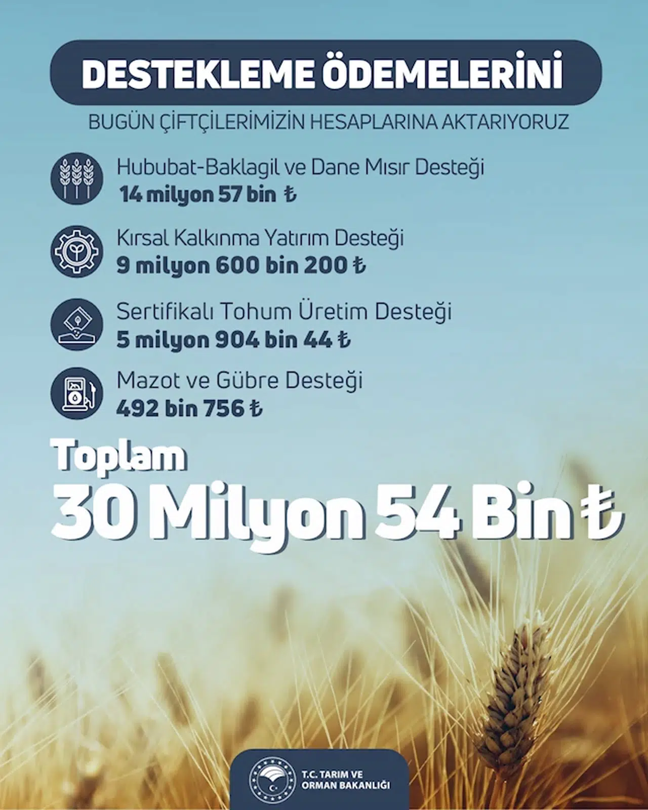 Tarım ve Orman Bakanlığı: Tarımsal destek ödemeleri bugün çiftçilerin hesabına yatırılacak