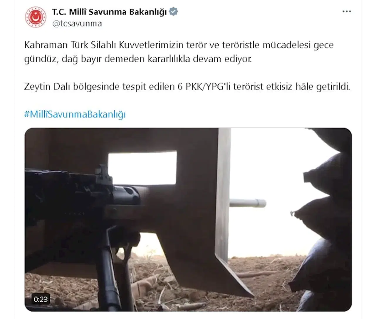 MSB: Zeytin Dalı bölgesinde 6 terörist etkisiz hale getirildi