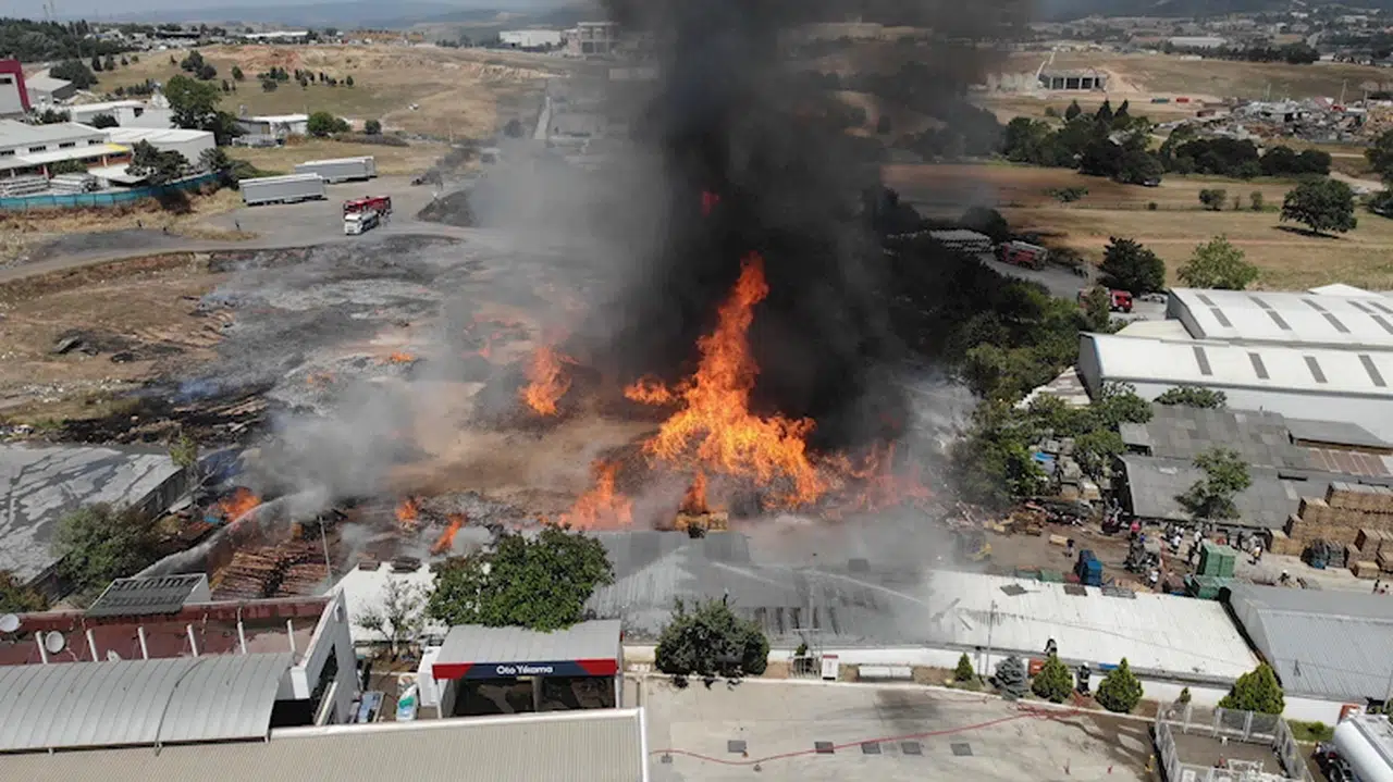 Kocaeli'de akaryakıt istasyonu bitişiğindeki palet fabrikasında yangın / Ek fotoğraflar