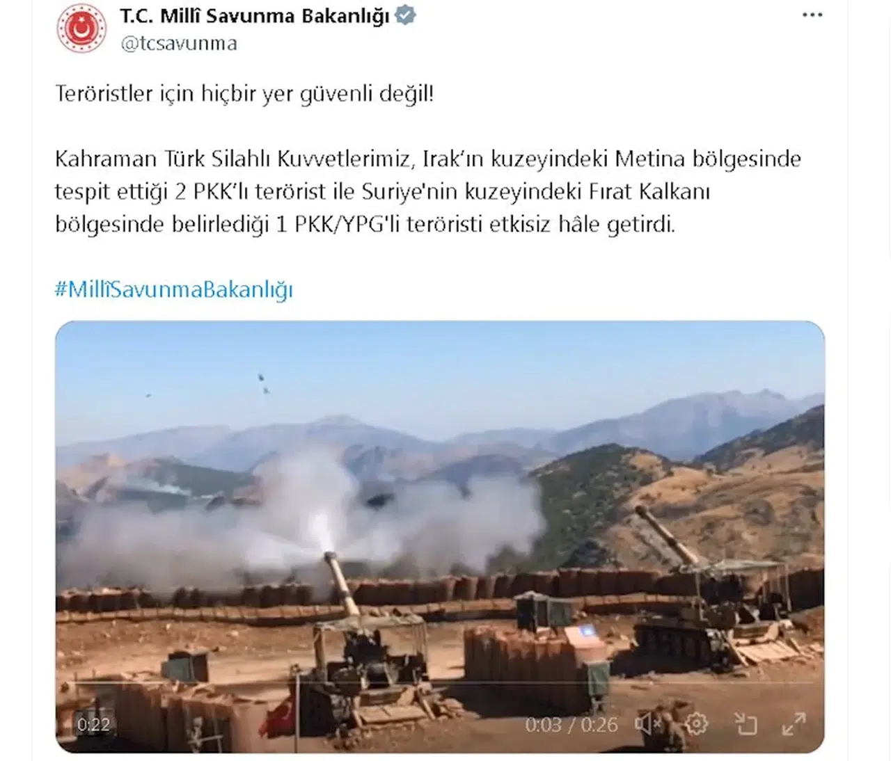 MSB: Irak ve Suriye'nin kuzeyinde 3 terörist etkisiz hale getirildi