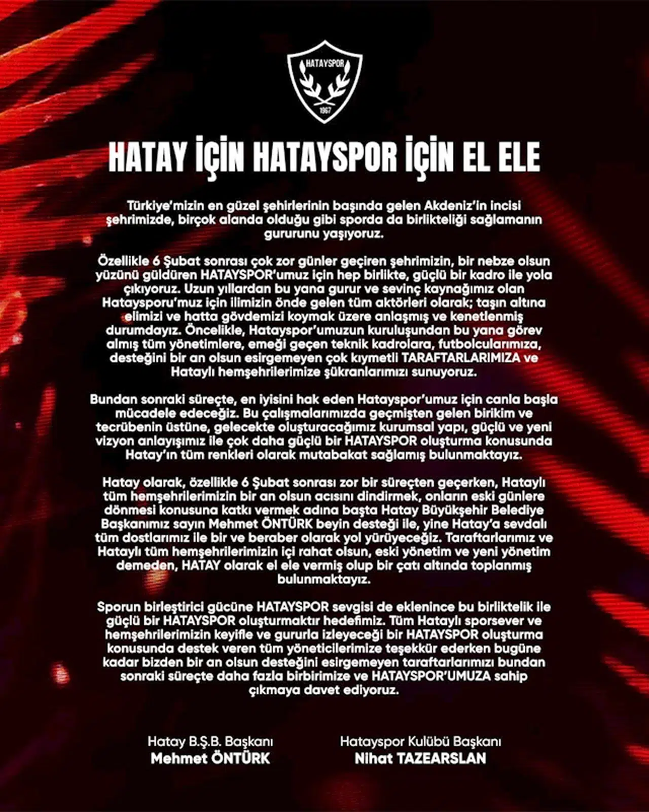 Belediye Başkanı Öntürk ve Kulüp Başkanı Tazearslan'dan Hatayspor için güç birliği