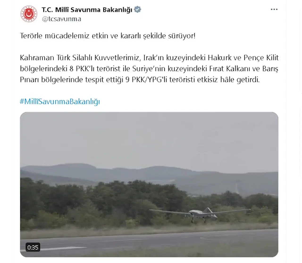 MSB: Irak ve Suriye'nin kuzeyinde 17 terörist etkisiz hale getirildi