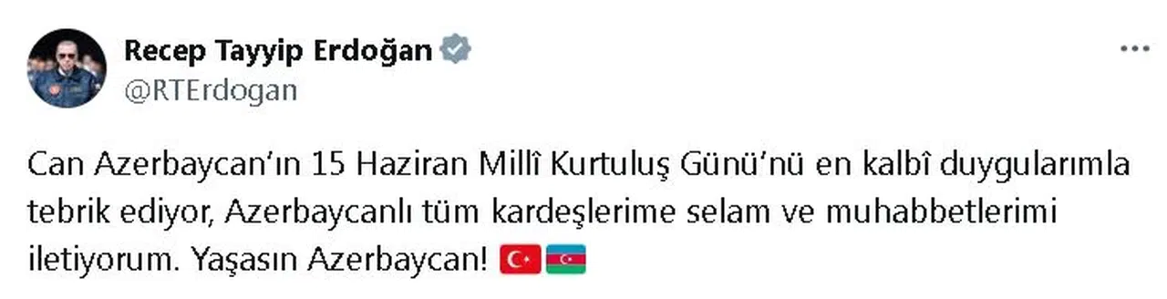 Cumhurbaşkanı Erdoğan, Azerbaycan'ın milli gününü kutladı