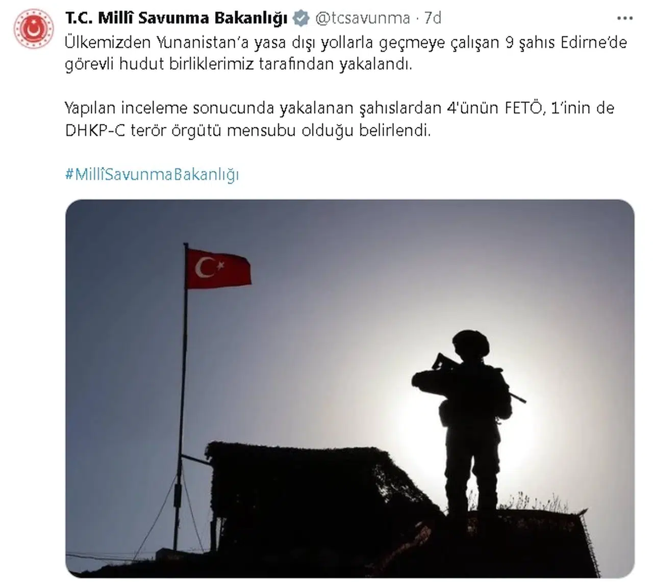 MSB: Yunanistan'a geçmeye çalışan 5'i terör örgütü mensubu 9 kişi yakalandı