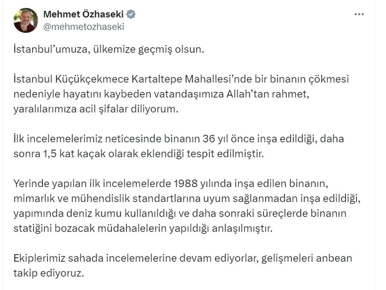 Bakan Özhaseki: Yıkılan bina, standartlara uyum sağlanmadan inşa edilmiş