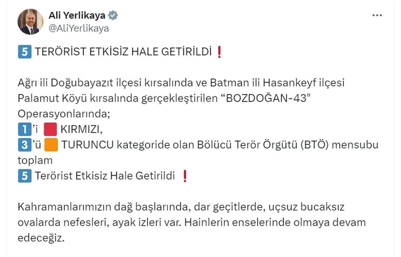 'Bozdoğan-43' operasyonlarında 5 terörist etkisiz hale getirildi