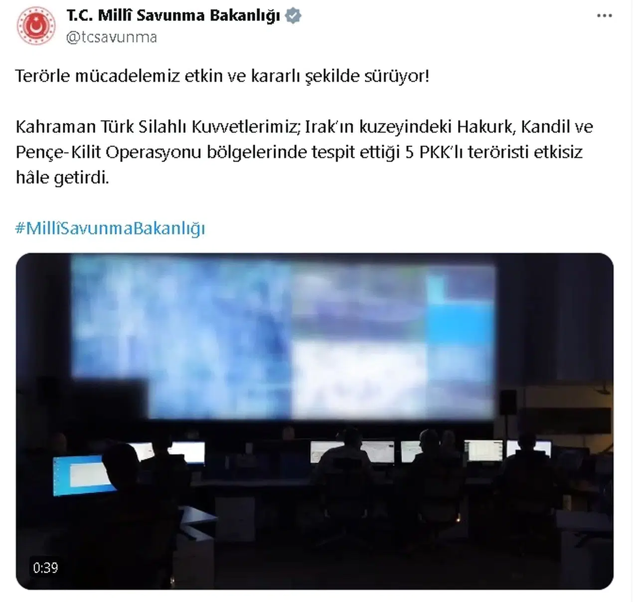 MSB: Irak'ın kuzeyinde 5 PKK'lı terörist etkisiz hale getirildi