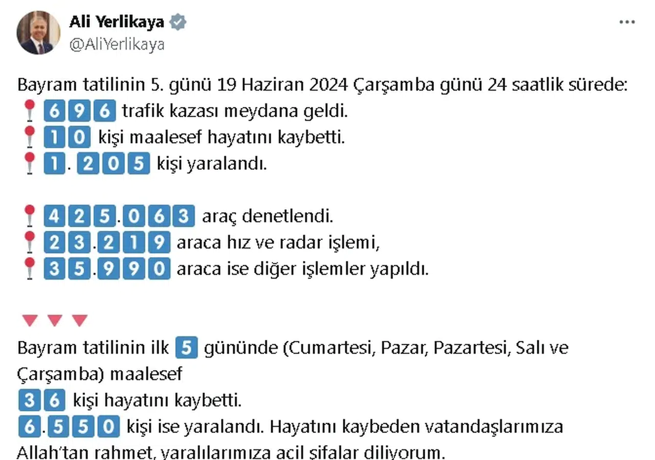 Bakan Yerlikaya: Bayram tatilinin ilk 5 gününde 36 kişi hayatını kaybetti