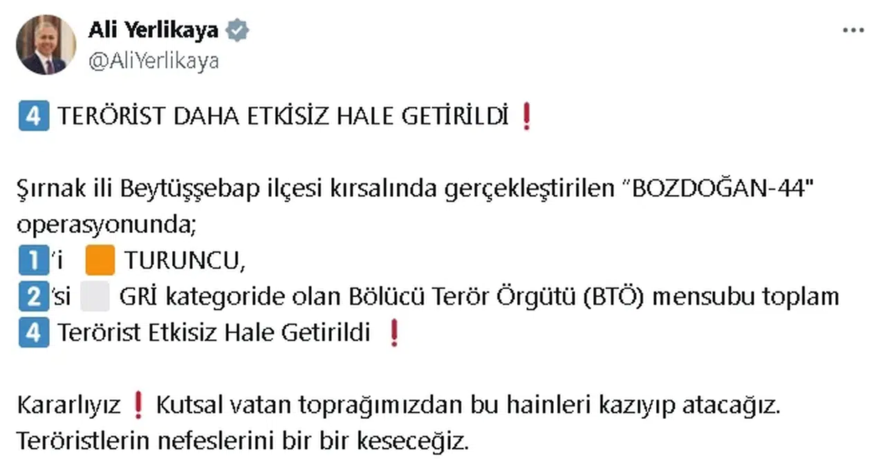 'Bozdoğan-44' operasyonunda 4 terörist etkisiz hale getirildi
