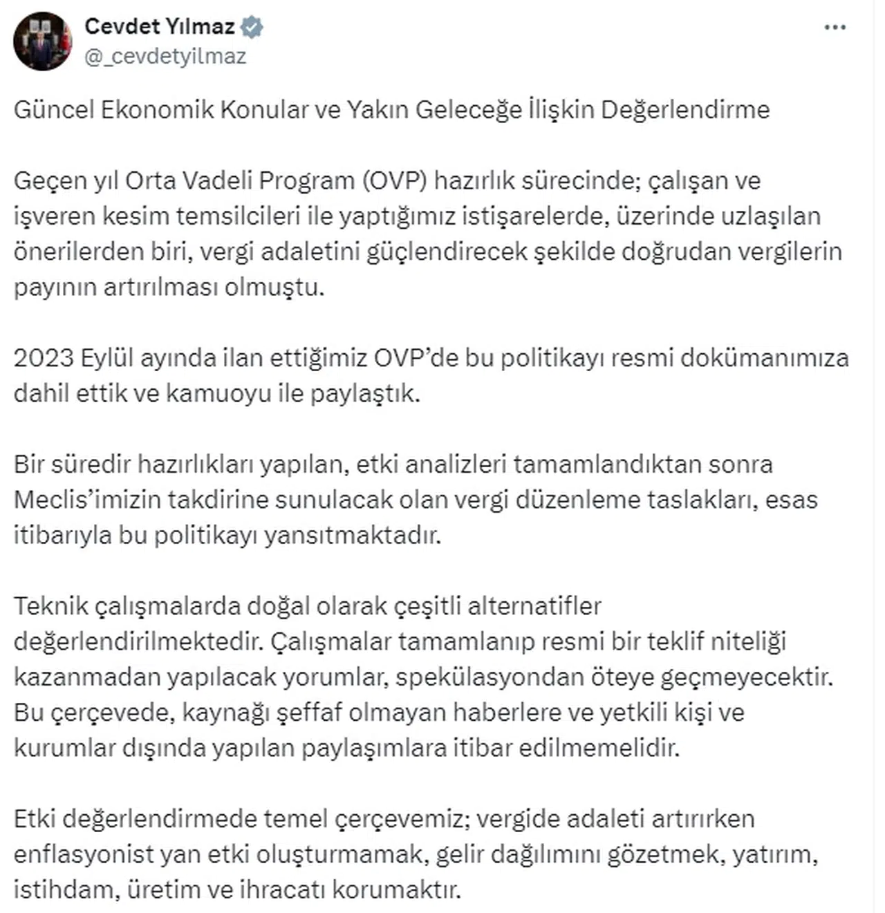 Cevdet Yılmaz: Vergi paketi tamamlanmadan yapılan yorumlar spekülasyondan öteye geçmeyecektir