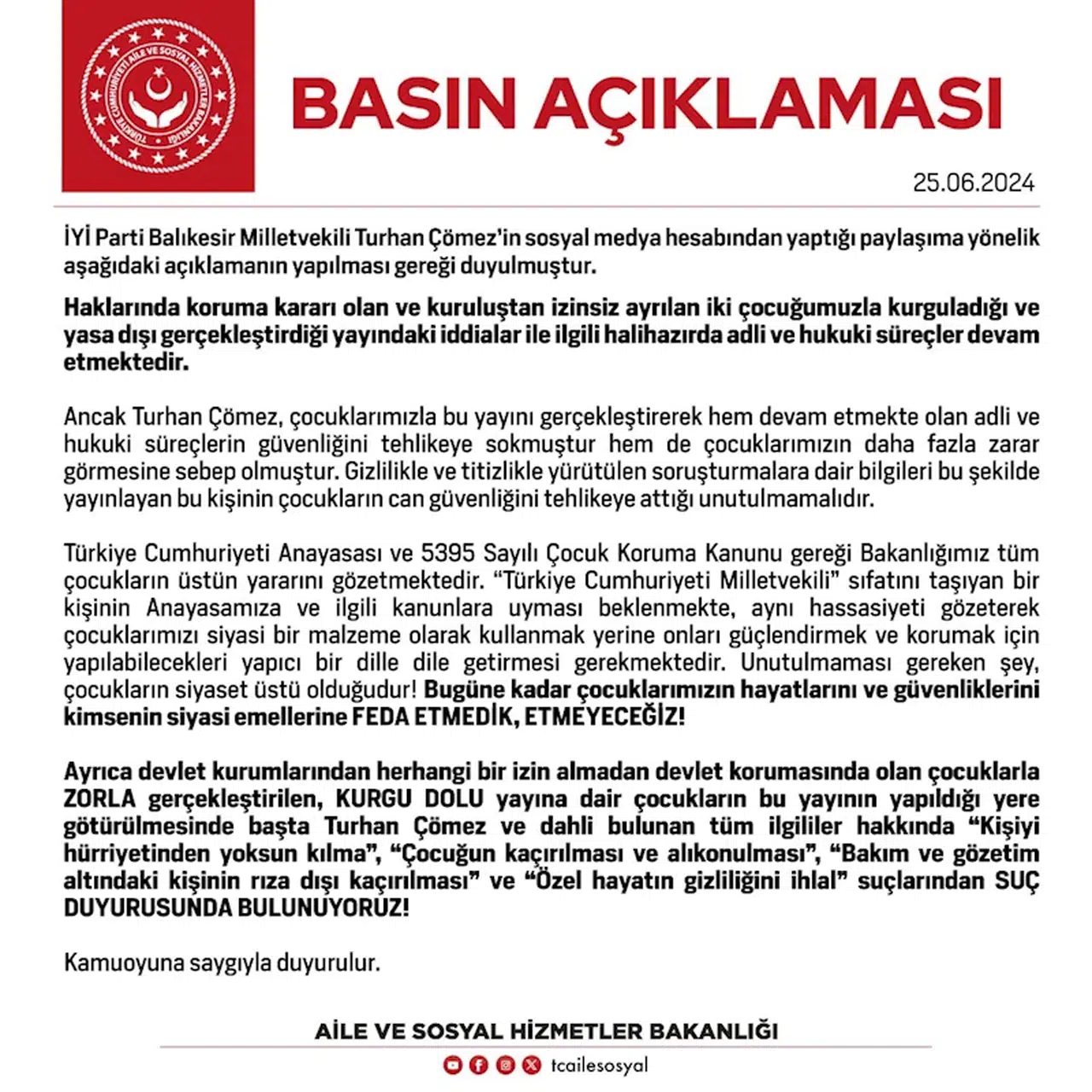 Aile ve Sosyal Hizmetler Bakanlığı'ndan, İYİ Partili Çömez için suç duyurusu