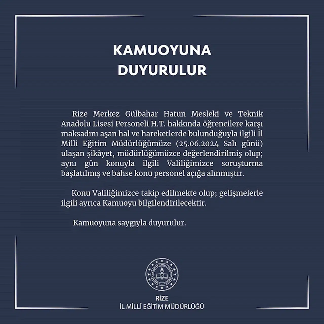 Rize'de okul personeli açığa alındı