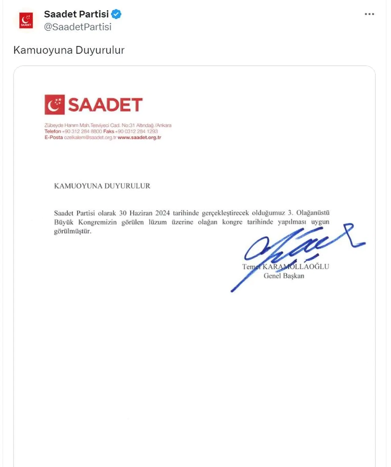 Saadet Partisi'nin 30 Haziran'daki kongresi ertelendi