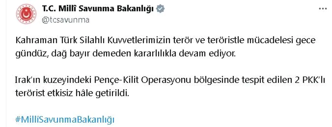 MSB: Irak'ın kuzeyinde 2 terörist etkisiz hale getirildi