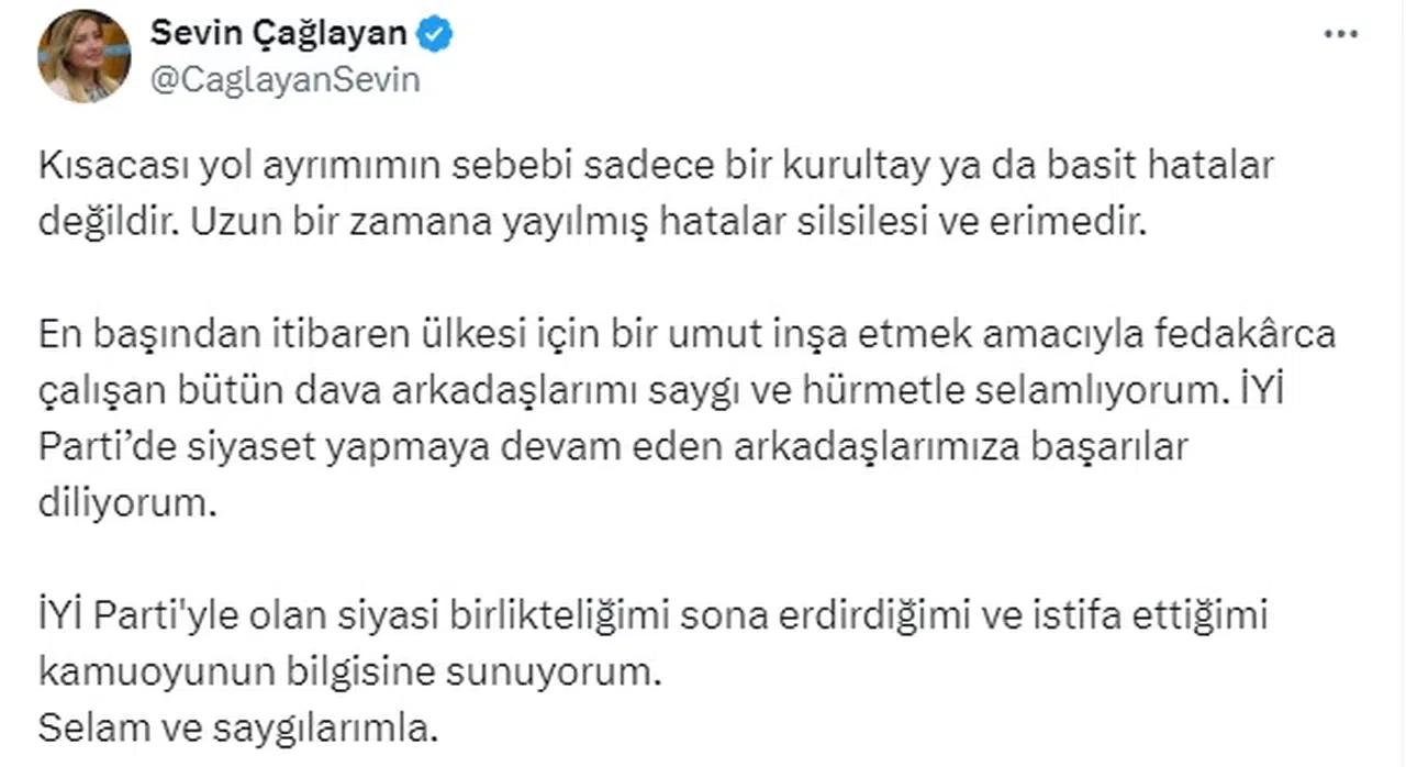 İYİ Parti'nin kurucularından Sevin Çağlayan, partisinden istifa etti