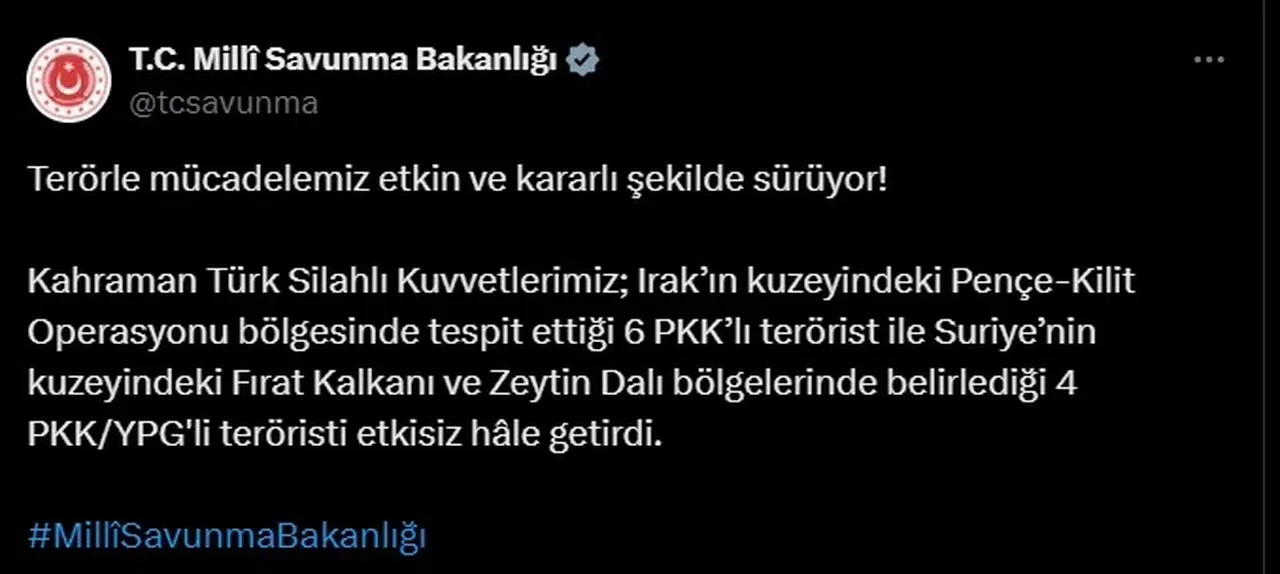 MSB: Irak ve Suriye'de 10 terörist etkisiz hale getirildi