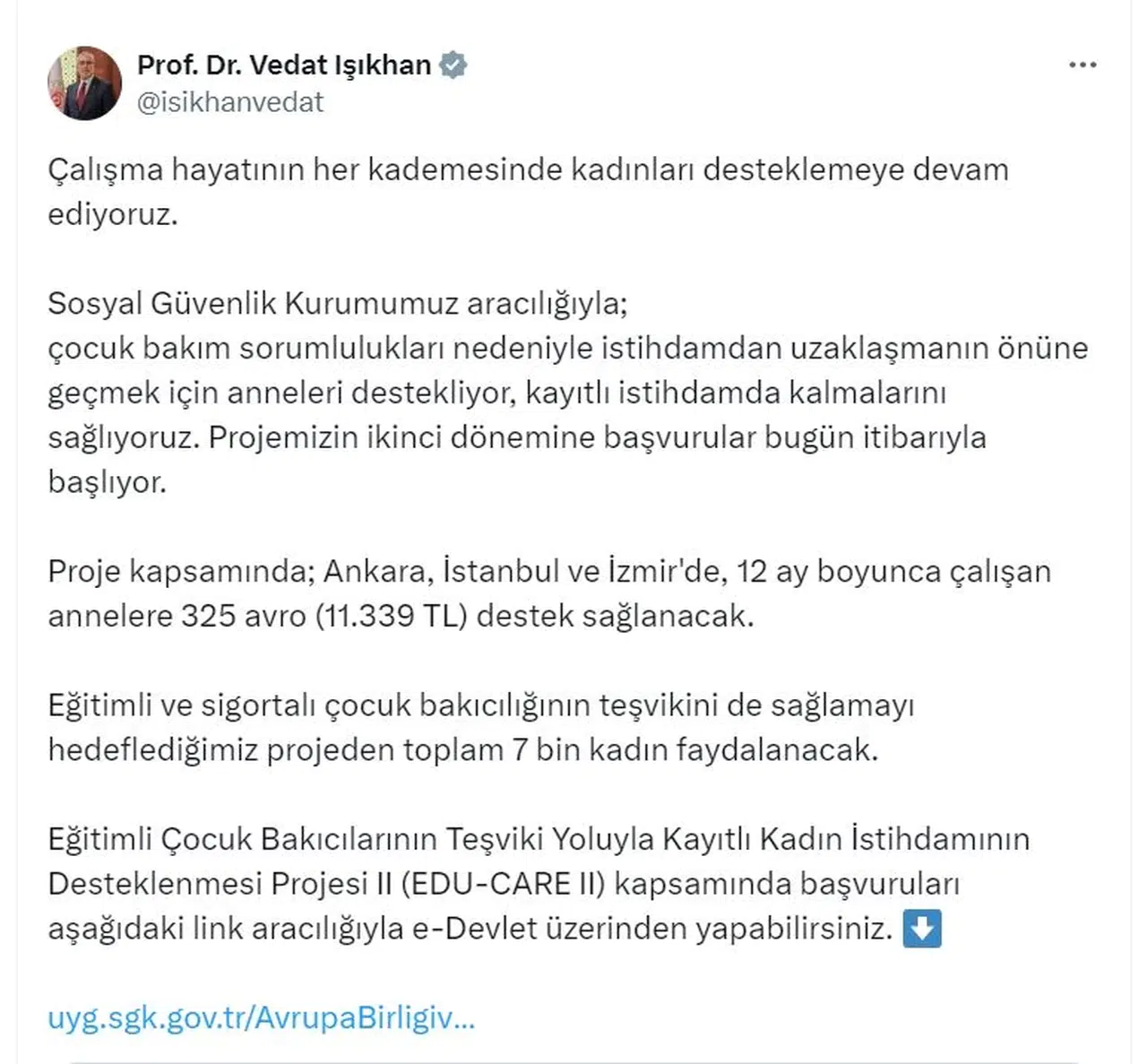 Ankara, İstanbul ve İzmir'de çalışan annelere 11 bin 339 TL destek