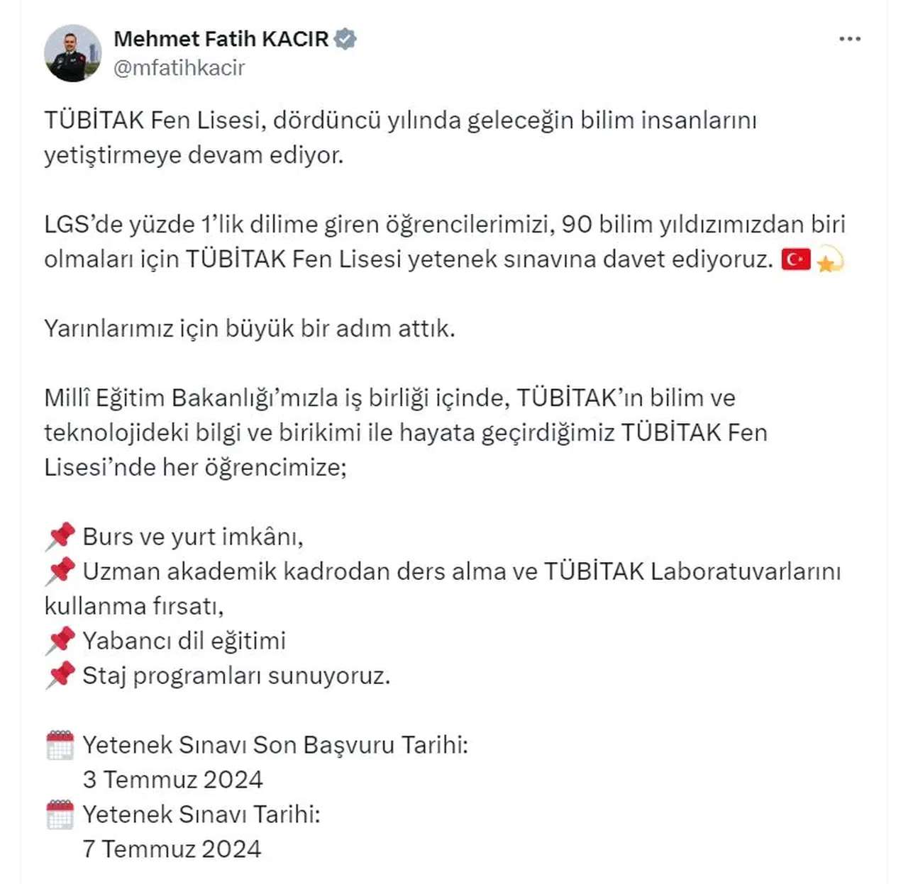 Bakan Kacır'dan TÜBİTAK Fen Lisesi daveti 