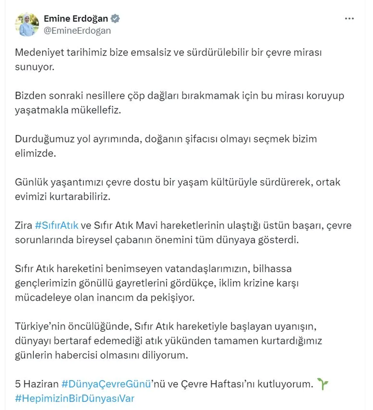 Emine Erdoğan'dan 'Dünya Çevre Günü' mesajı
