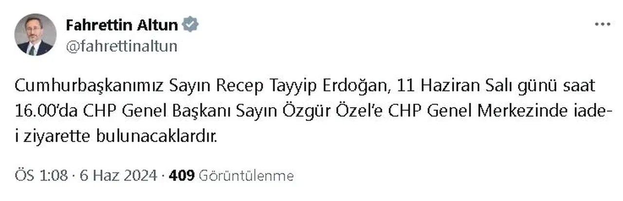 Cumhurbaşkanı Erdoğan, 11 Haziran'da Özgür Özel'i ziyaret edecek