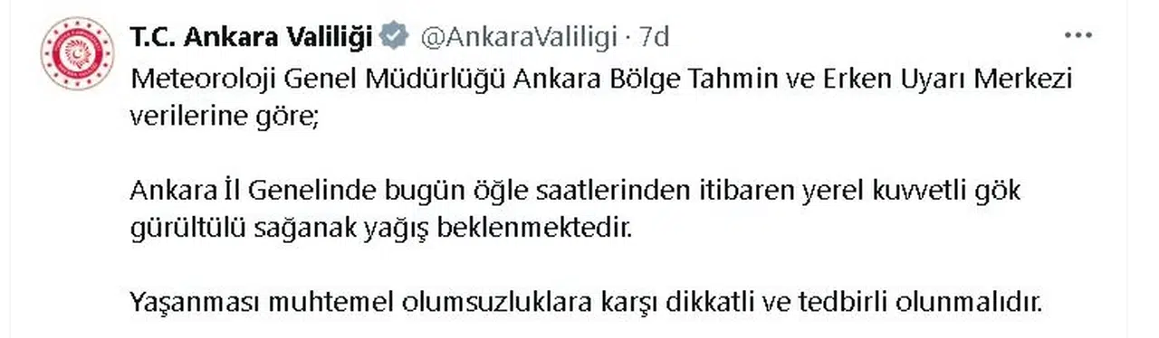 Ankara Valiliği'nden 'sağanak' uyarısı