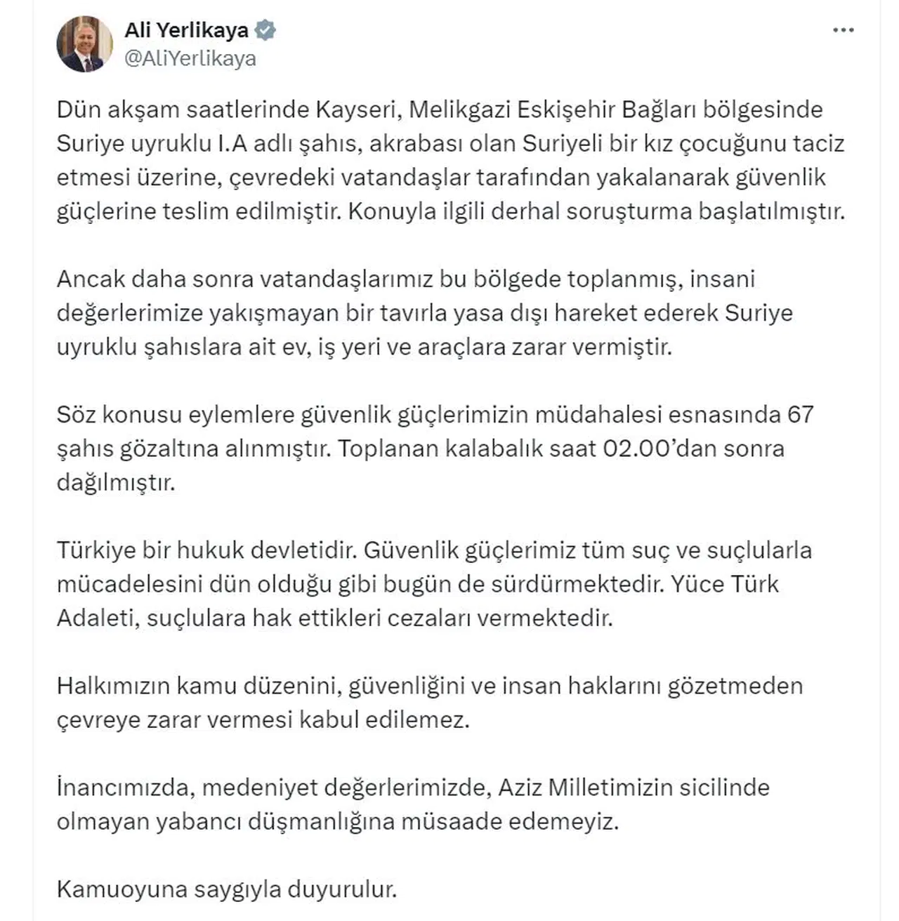 Bakan Yerlikaya: Kayseri'de 67 kişi gözaltına alındı