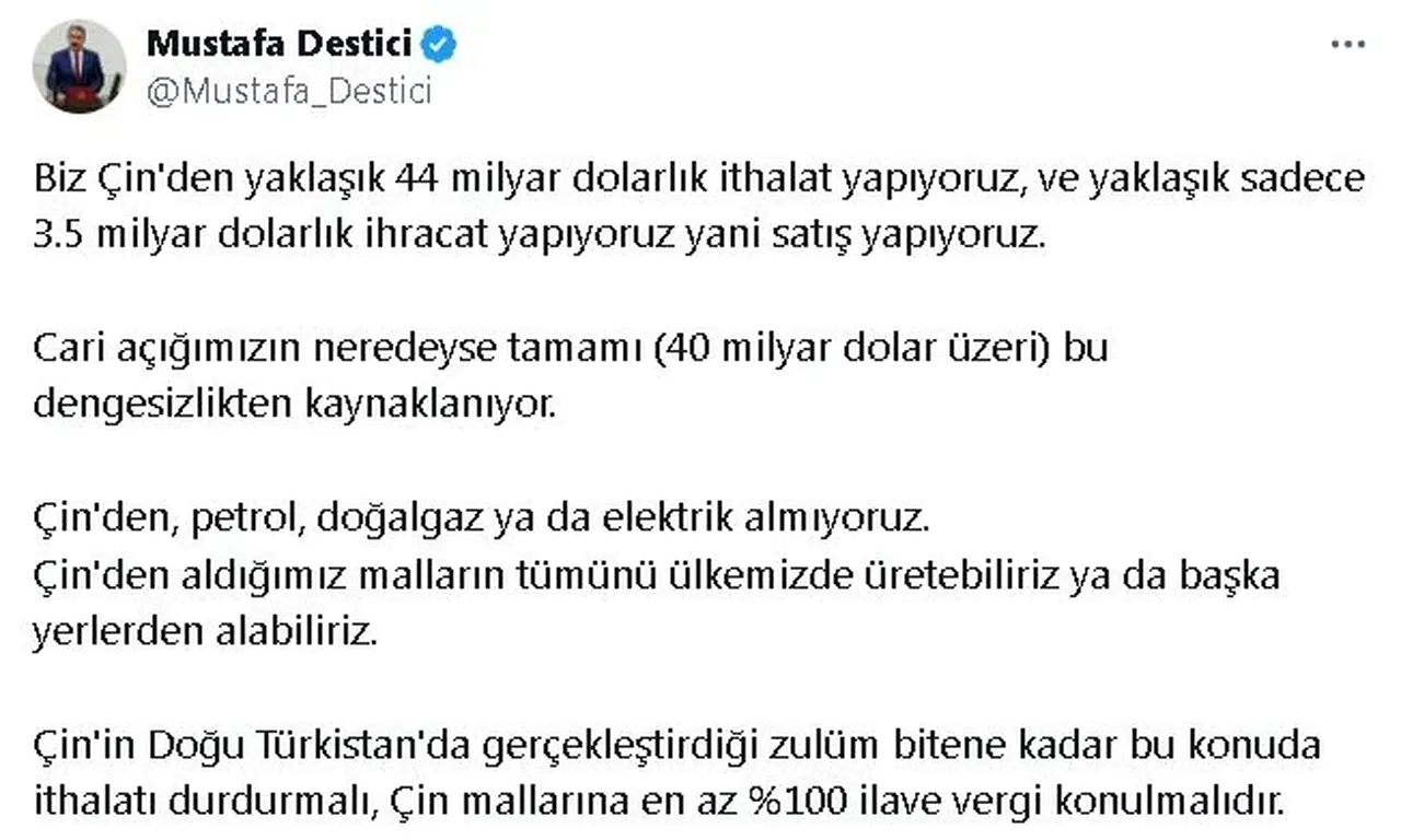 Destici: Çin mallarına en az yüzde 100 ilave vergi konulmalıdır