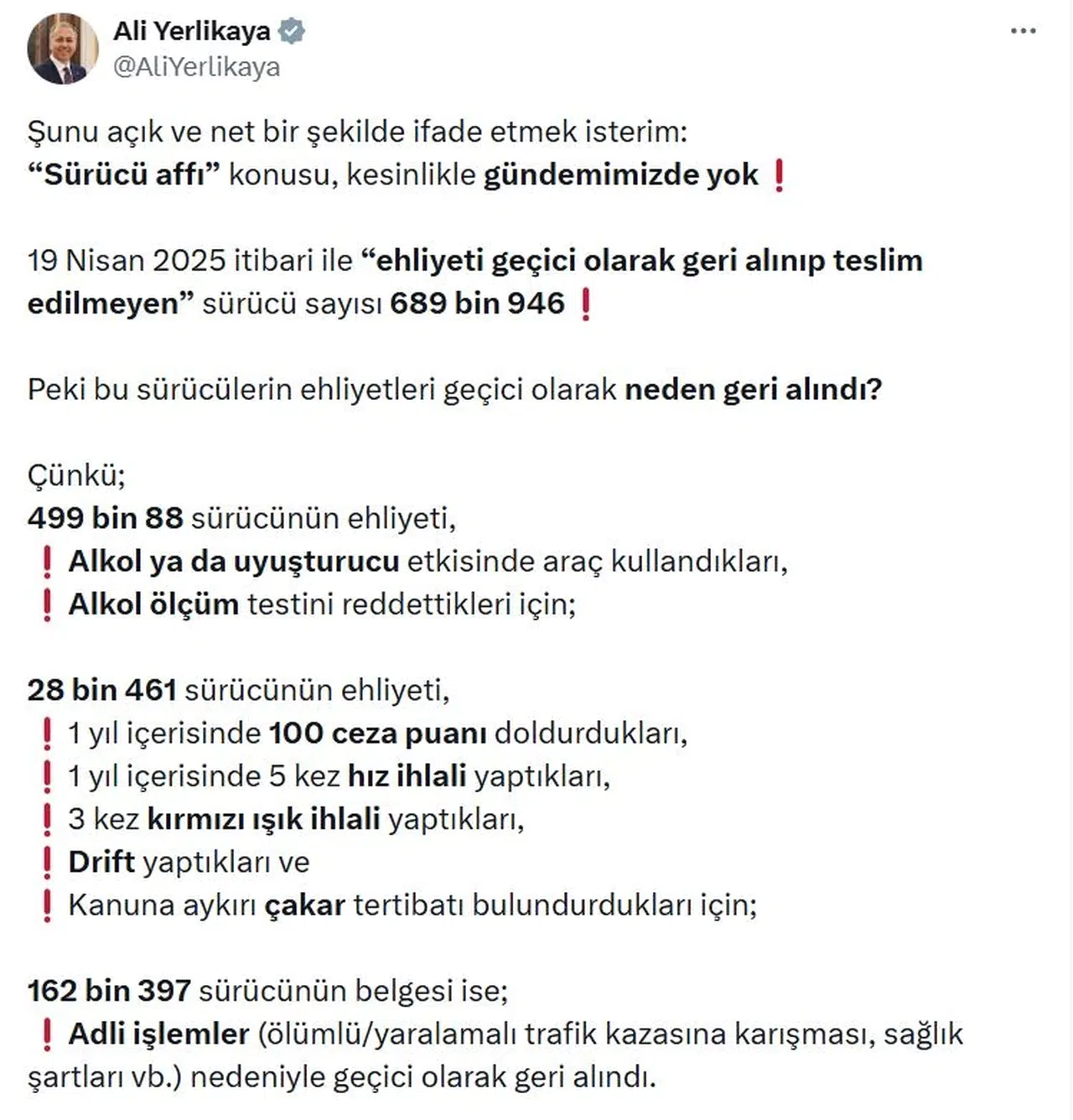 Bakan Yerlikaya: 'Sürücü affı' konusu kesinlikle gündemimizde yok