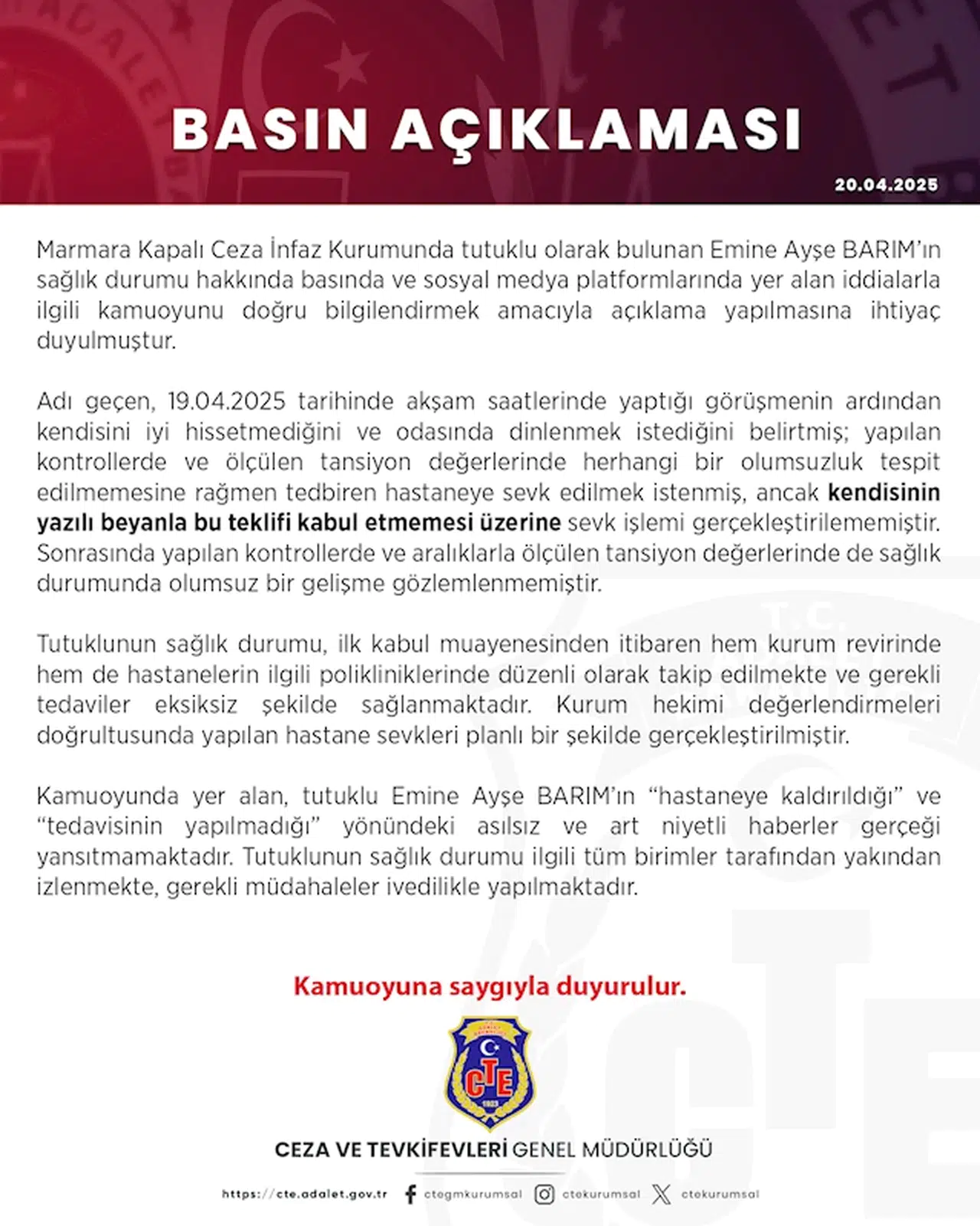 Ceza ve Tevkifevleri Genel Müdürlüğü’nden Ayşe Barım açıklaması