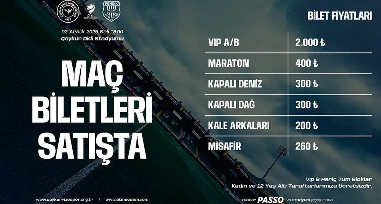 Çaykur Rizespor-Pendikspor maçı için biletler satışta, kadınlar ve çocuklara ücretsiz bilet imkanı!