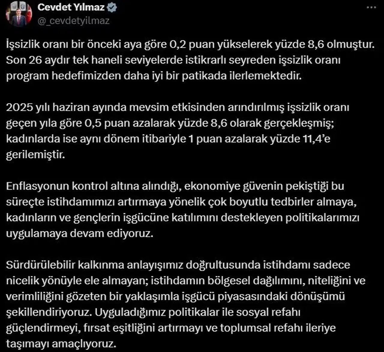 Cevdet Yılmaz: İşsizlik Oranındaki İyileşme Hedeflerimizi Geçiyor