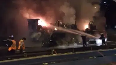 TEM Otoyolu’nda beyaz eşya yüklü TIR’ın dorsesi alev alev yandı