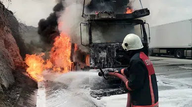 Alev alan TIR ile dorsesindeki sıfır kilometre 7 otomobil yandı