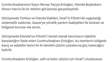Cumhurbaşkanı Erdoğan, İrlanda Başbakanı Harris ile telefonla görüştü