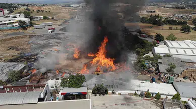 Kocaeli'de akaryakıt istasyonu bitişiğindeki palet fabrikasında yangın / Ek fotoğraflar