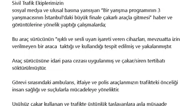 Bakan Yerlikaya: Bir yarışma programına çakarlı otomobil ile giden sürücü yakalanmıştır