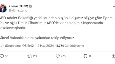 Bakan Tunç: Eylem Tok ve oğlu ABD'de yakalandı