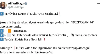 'Bozdoğan-44' operasyonunda 4 terörist etkisiz hale getirildi