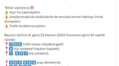 Bayram tatilinin ilk 8 günündeki kazalarda 68 kişi hayatını kaybetti