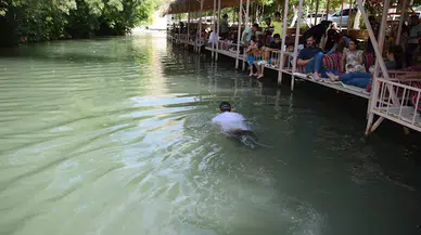 Antalya’dan ziyaret için geldiği Beyazsu Vadisi’ndeki akarsuya dalıp, dipteki çöpleri topladı