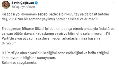 İYİ Parti'nin kurucularından Sevin Çağlayan, partisinden istifa etti